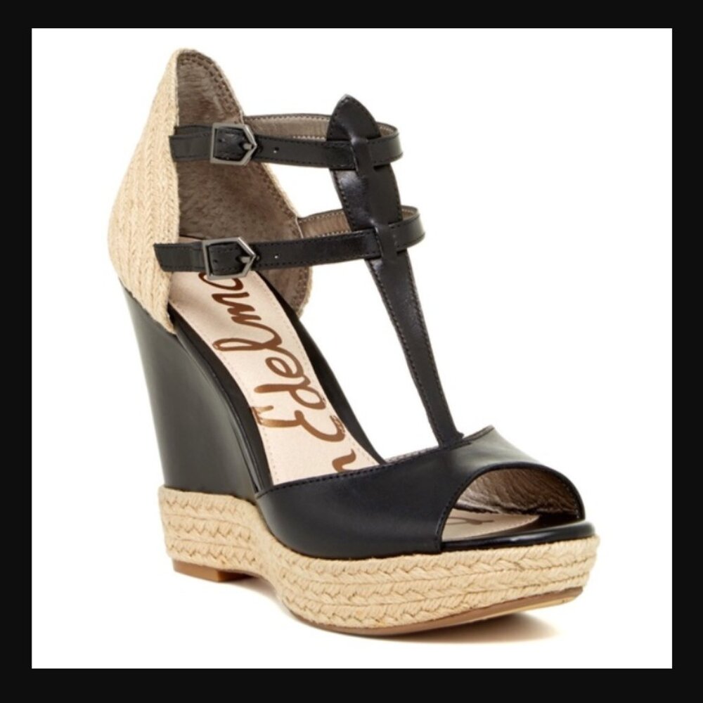 Sam Edelman Espadrille Wedge Sandals Katarina Platform Black Leather NEW 6